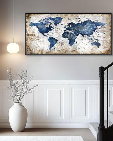 World Map Canvas Wall Art Navy World Maps for Wall Vintage Modern Wall Art for Office Framed Pictures for Living Room Bedroom Wall Decoration for Home Office Decor Artwork for Walls 24x48IN
