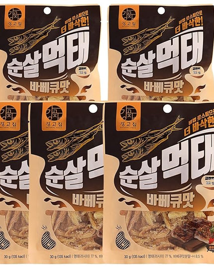 Kanggojip Roasted Boneless Dried Pollack Korean Meoktae, 먹태, BBQ Flavor Seasoning, Bite Sized, Ready to Eat, Great for Parties, Camping, Travel, or as a Snack or Bar Food_1.05oz (30g) x 5ea