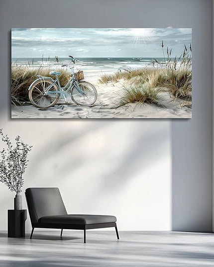 FUHAIHUA Large Wall Art For Bedroom Canvas Wall Decor For Living Room Office Decoration Blue Beach Bicycle Seascape Painting Ocean Landscape Wall Pictures Artwork Modern Home Decor Posters 30"X60"