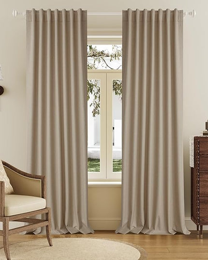 DUALIFE 96 Inch Curtains 2 Panel Set Farmhouse Blackout Heat Reducing Sun Block Out Curtains for Bedroom Dorm UV Blocking Noise Canceling Burlap Linen Look Drapes Rod Pocket Back Tab,50 X 96 Taupe