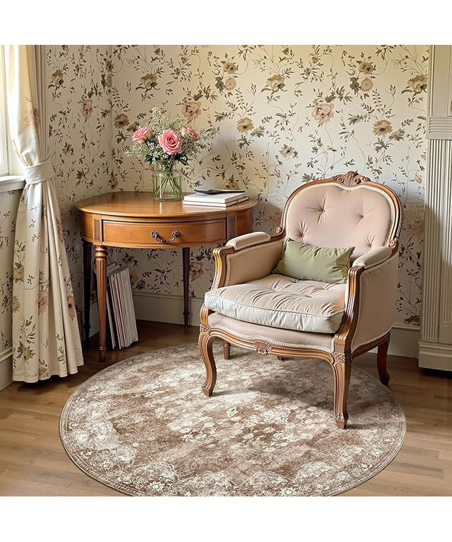 jinchan Round Rug 4ft Area Rug - Brown Vintage Floor Mat Kitchen Indoor - Washable Circle 4' Thin Floral Print Carpet Retro Farmhouse Non Slip Dining Room Living Room Bedroom Office