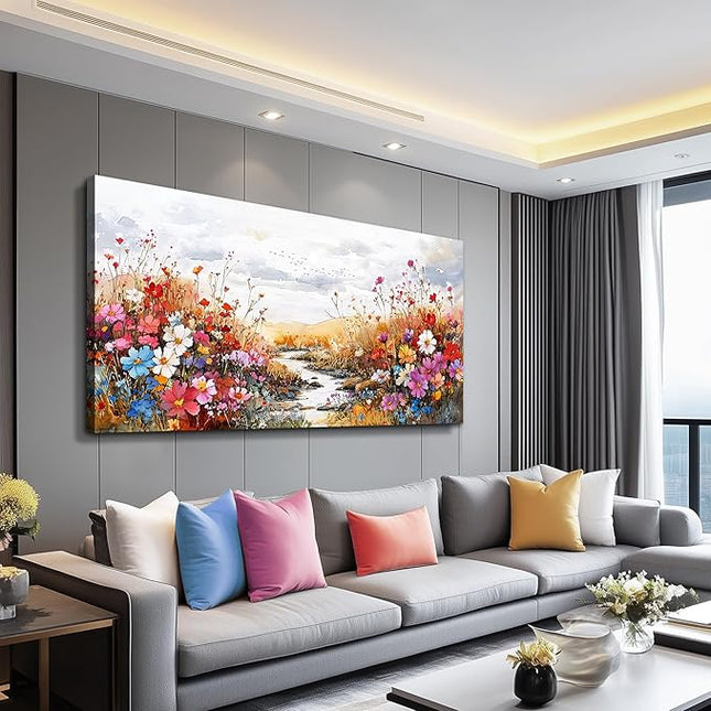 XIGUANGART Large Wall Art Canvas Prints Wildflowers Plants Painting Artwork Colorful Flowers Scenery Farmhouse Wall Decor Pictures Modern Home Decor for Living Room Dining Room Bedroom Office Bathroom