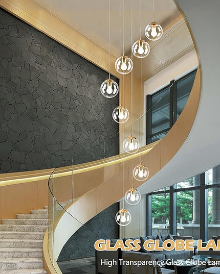KoKo&Yukina 9-Light Globe Glass Pendant Light Adjustable Length Pendant Lights Fixtures Modern Gold Clear Globe Glass Chandelier High Ceiling Lights Fixtures for Foyer Staircase (Bulb & Remote Incl)