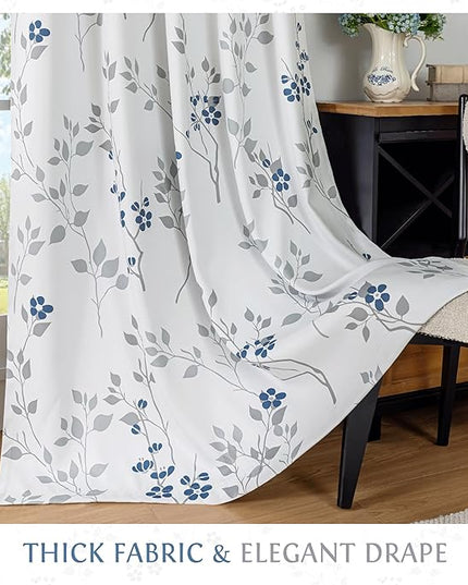 Beauoop Floral 100% Blackout Curtains 108 Inches Long 2 Panels for Bedroom Living Room Blue Grey and White Flower Patterned Room Darkening Thermal Soundproof Grommet Window Treatments Drapes, 52X108