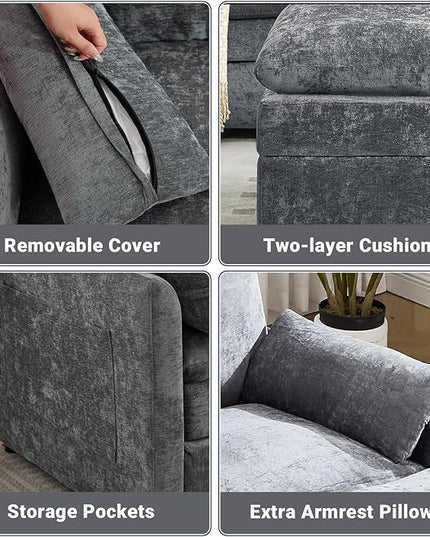 Tbfit Living Room Furniture Set, Standard Sofa & Ottoman, Modern Comfy Cloud Sofa Set, Spring Seat Cushions, Chenille, Gray