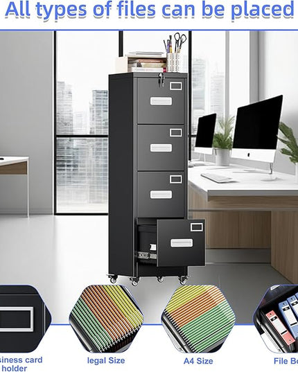 METAN 4 Drawer File Cabinet on Wheels, Lockable Metal Filing Cabinet with Handle and Name Card for Office Home,Assembly Required,Black
