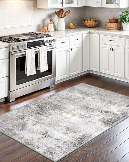 IOHOUZE Abstract Area Rug 3x5 Ft Washable Rugs for Entryway Indoor, Non Slip Kitchen Rug Printed Faux Wool Throw Rugs, Indoor Door Mat for Door Entrance Foyer Living Room, Grey Beige
