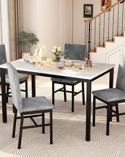 Hooseng Dining Table Set for 4 Faux Marble Kitchen Table and Chairs Set of 4,5 Piece with Velvet Upholstered Dinner Chairs for Compact Dining Room,Small Space,Grey