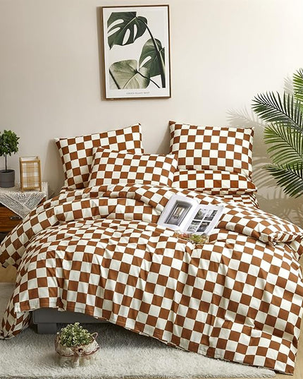 Houseri Brown Plaid Comforter Set Twin Size White and Camel Grid Bedding Comforters Twin Boys Girls Kids Modern Pumpkin Checkerboard Dorm Bed Comforter Preppy Buffalo Checkered Twin Comforter Sets