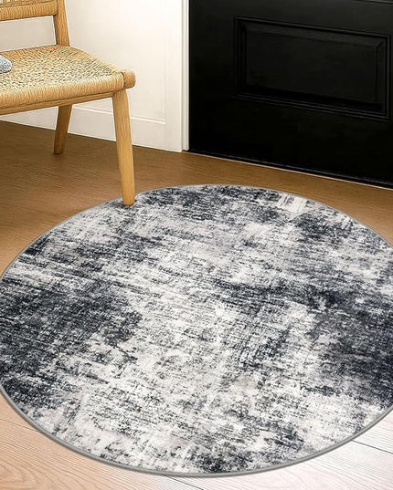 IOHOUZE Round Area Rug 3 Ft Circle Entryway Rugs Round Washable Door Mat Indoor Entrance, Non Slip Circle Front Door Rug, Printed Abstract Faux Wool Floor Carpet for Foyer Porch Sink, Black Grey