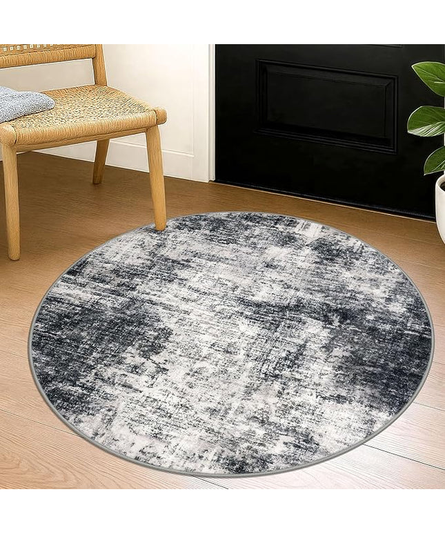 IOHOUZE Round Area Rug 3 Ft Circle Entryway Rugs Round Washable Door Mat Indoor Entrance, Non Slip Circle Front Door Rug, Printed Abstract Faux Wool Floor Carpet for Foyer Porch Sink, Black Grey