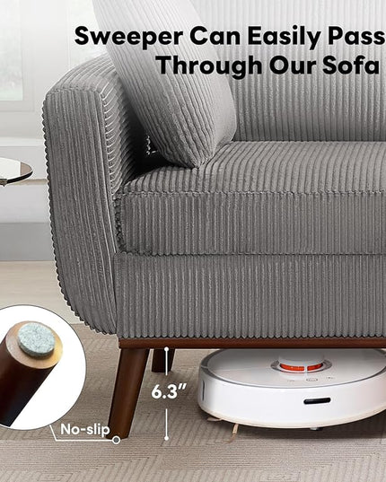 Tbfit Corduroy Couch for Living Room, Mid Century Modern Sofa with Spring Cusions for Bedroom,Comfy Upholstered Couches Easy Assembly with Solid Wood Legs & 2 Pillows (Grey, 65inch)