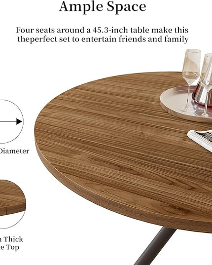 45.3 Inch Modern Round Dining Table for 4, Space-Saving Dinette with Carbon Steel Legs for Home Kitchen Apartment(Light Walnut Table)