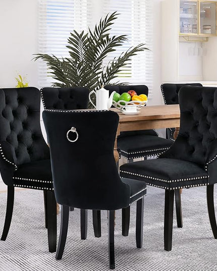 SoarFlash Velvet Dining Chairs Set of 6, Tall Back Side Chair, Modern Upholstered High-end Tufted Side Chair with Button Back Ring, Solid Wood Legs (Black)