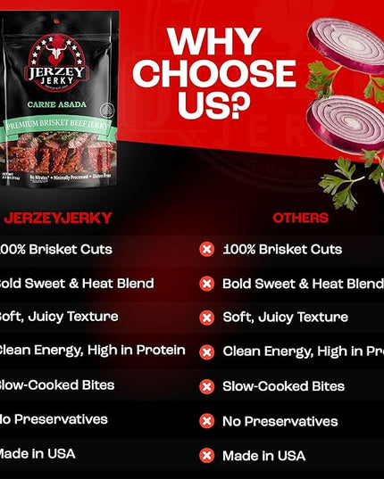 Jerzey Jerky Carne Asada Brisket Jerky 2.5oz (2 Pack) – High Protein, Gluten Free and Healthy Beef Snacks with Rich, Authentic Flavor