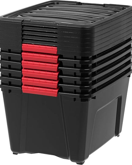 IRIS USA 32 Qt Stackable Plastic Storage Bins with Lids, 6 Pack - BPA-Free, Made in USA - Garage Organizing Solution, Latches, Durable Nestable Containers, Secure Pull Handle - Black