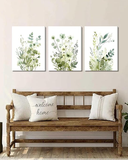 Boho Floral Canvas Wall Art Set of 3, Sage Green Wildflower Botanical Wall Decor Painting, Minimalist Watercolor Flowers Posters Prints for Bedroom Bathroom Living Room 16x24 In Framed