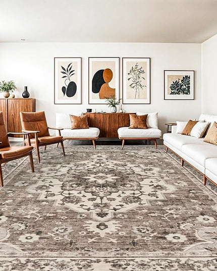 Washable Oriental Area Rug - 10x14 Rugs for Living Room Soft Carpet for Bedroom Waterproof Floral Distressed Indoor Stain Resistant Non-Shedding Floor Carpets (Beige, 10X14)