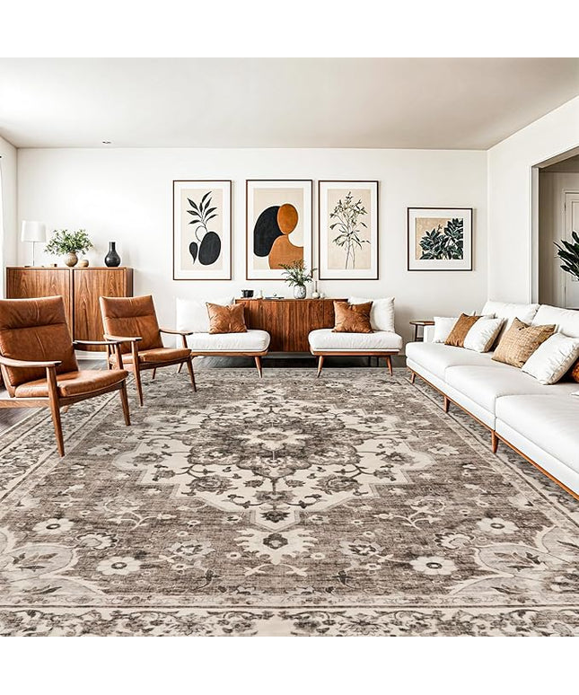 Washable Oriental Area Rug - 10x14 Rugs for Living Room Soft Carpet for Bedroom Waterproof Floral Distressed Indoor Stain Resistant Non-Shedding Floor Carpets (Beige, 10X14)