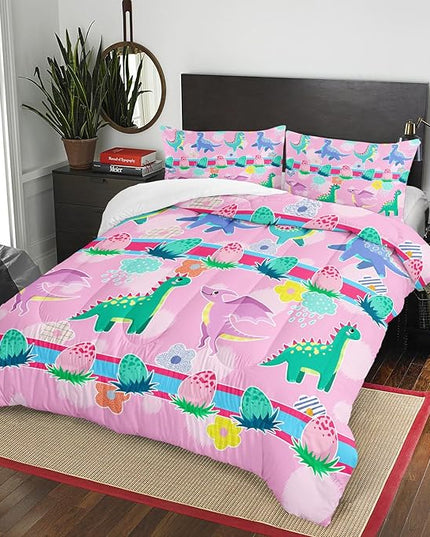 Kawaii Dinosaur Pink Comforter Set,Cartoon Cute Dino 3 Piece Bedding Set Queen for Girl Boy,Kawaii Bedding Quilt Set Dinosaur Decor,Soft Microfiber Lightweight 1 Comforter 2 Pillowcases All Season