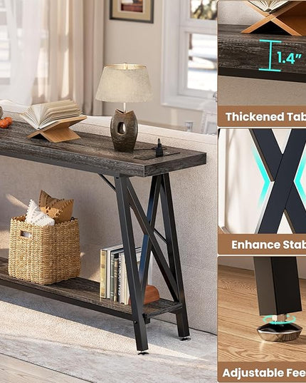 Homieasy 70.9 Inch Extra Long Console Table, Industrial Sofa Table Behind Couch with Charging Station & Storage Shelf, Entryway Table for Living Room & Entryway, Grey Oak