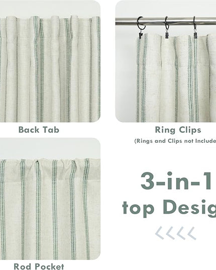 DriftAway Farmhouse Linen Blend Blackout Curtains 63 Inches Long for Bedroom Vertical Striped Printed Linen Curtains Thermal Insulated Lined Treatments for Living Room Pair W52 x L63 Linen Loden Green