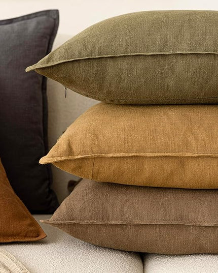 Foindtower Pack of 2, Decorative Linen Soild Throw Pillow Covers Soft Accent Cushion Case Boho Farmhouse Neutral Pillowcase for Chair Couch Sofa Bedroom Living Room Home Decor 18 x 18 Inch Light Brown