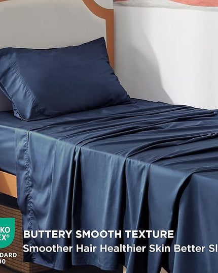 Bedsure Cooling Sheets Twin XL, Rayon Derived from Bamboo, Breathable & Soft Twin XL Sheet Sets, Deep Pocket Up to 16 Inches, Hotel Luxury Silky Dorm Bedding for Hot Sleepers, Navy
