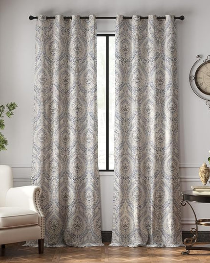jinchan Linen Textured Curtains for Living Room Darkening 108 Inches Long, Medallion Drapes for Bedroom, Damask Pattern Window Treatments Vintage Curtain Panels, Extra Long 2 Panels Blue on Greige