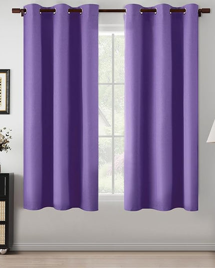 100% Blackout Purple Curtains 64 Inch Length for Bedroom, Linen Textured Heat Blocking Thermal Insulated Grommet Drapes for Kitchen, Purple, W37 x L64, 2 Panels