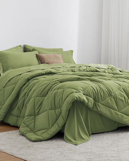 Love's cabin King Size Comforter Set Olive Green, 7 Pieces King Bed in a Bag, All Season Bedding Sets with 1 Comforter, 1 Flat Sheet, 1 Fitted Sheet, 2 Pillowcase and 2 Pillow Sham