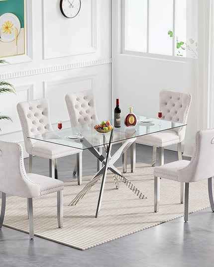 60.63in Rectangular Glass Dining Table Set for 6, Glass Kitchen Table and Chair Set for 6, Modern 7 Piece Dining Room Set with 6 Fabric Upholstered Chairs, Silver Metal Legs Home Kitchen Furniture