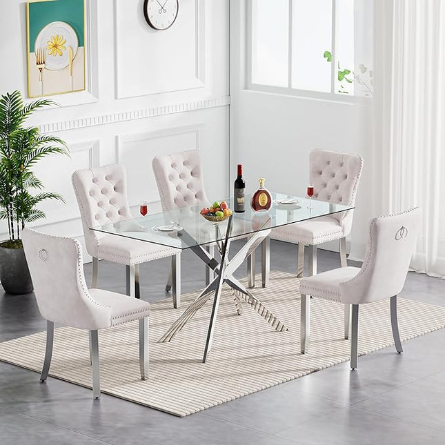 60.63in Rectangular Glass Dining Table Set for 6, Glass Kitchen Table and Chair Set for 6, Modern 7 Piece Dining Room Set with 6 Fabric Upholstered Chairs, Silver Metal Legs Home Kitchen Furniture