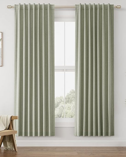 Sage Green Linen Blackout Curtains 72 Inch Length 2 Panels Set for Living Room Bedroom Back Tab Thermal Insulated 100% Black Out Linen Drapes Room Darkening Window Curtains 72 Inches Long