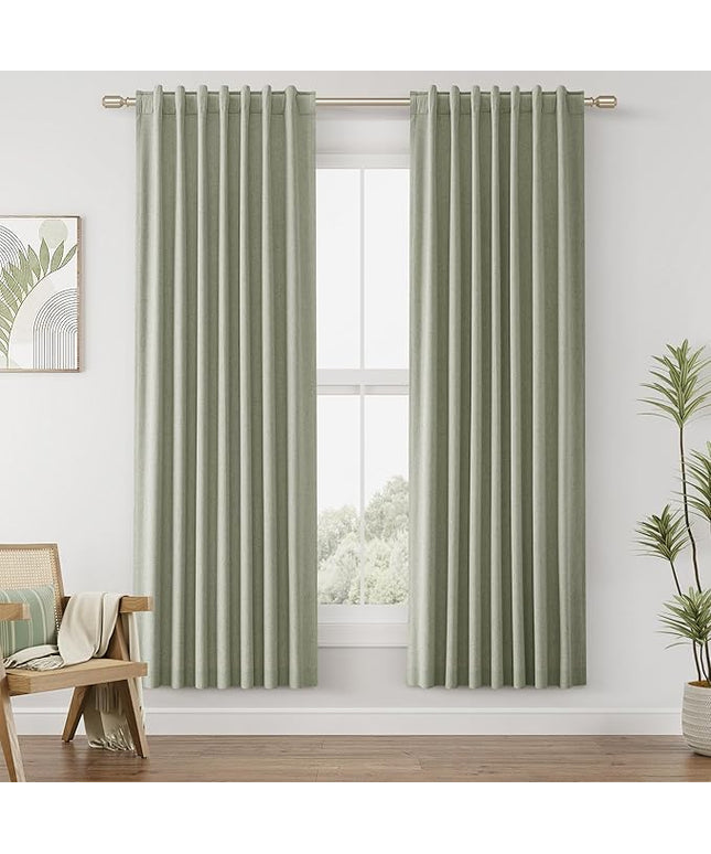Sage Green Linen Blackout Curtains 72 Inch Length 2 Panels Set for Living Room Bedroom Back Tab Thermal Insulated 100% Black Out Linen Drapes Room Darkening Window Curtains 72 Inches Long