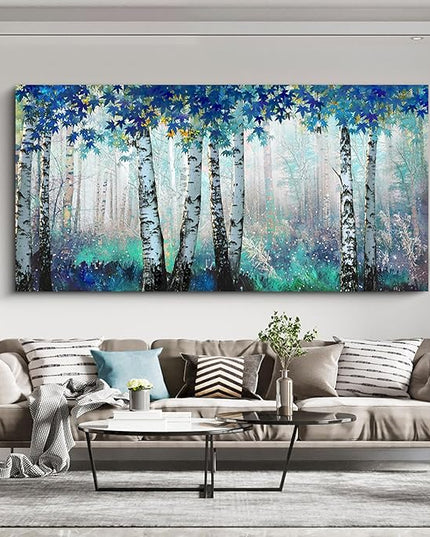 Large White Birch Forest Wall Art Decor Canvas Picture Print Blue Green Tree Blue Maple Leaf Plant Living Room Bedroom Bathroom Office Modern Framed Artwork Home Kitchen Decoration