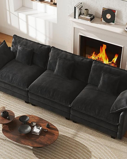 WorthFurni 111.4” Cloud Couch, Modular Sectional Sofa, Comfy Modern 3-Seater Couches with Pillows & Upholstered Deep Seat Cushion for Living Room Apartment Bedroom (Black)