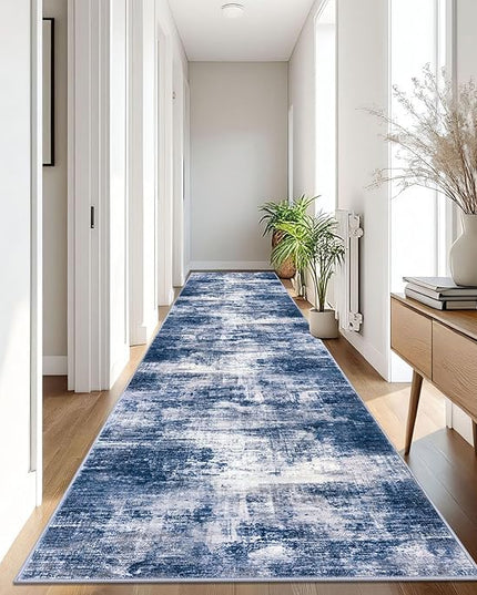 IOHOUZE Abstract Runner Rug 3x16 Ft Washable Runners for Hallways, Non Slip Kitchen Runner Printed Faux Wool Entryway Runner Indoor, Modern Abstract Floor Carpet for Hall Stair, Navy/Grey