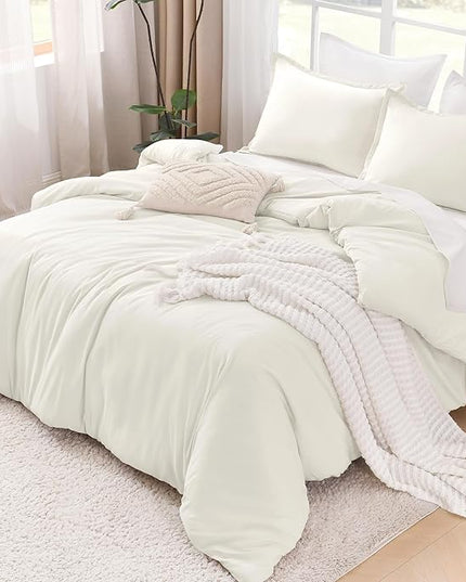 Litanika Ivory Comforter Set Full Size, 3 Pieces Lightweight Solid Bedding Comforter Set, All Season Fluffy Bed Set (79x90In Comforter & 2 Pillowcases)