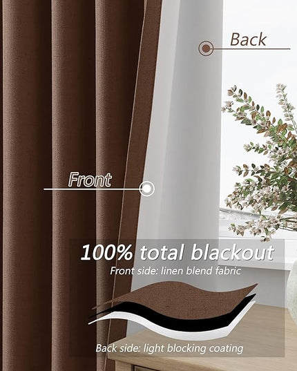 Guken Blackout Curtains 102 Inch Length 2 Panels Set for Living Room Bedroom Back Tab Thermal Insulated 100% Black Out Linen Drapes Room Darkening Window Curtains 102 Inches Long,Rustic Brown