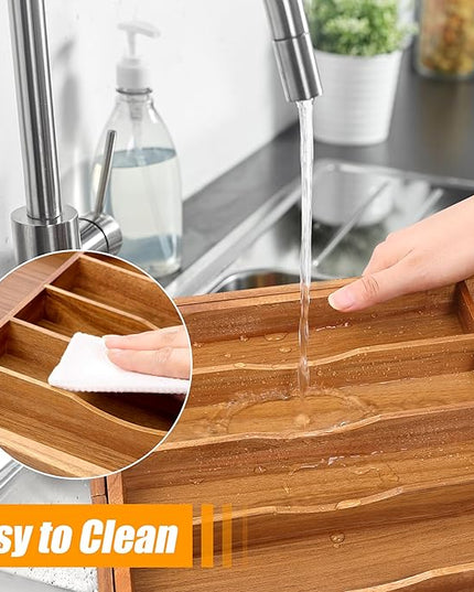 Bellsal Large Premium Acacia Wood Silverware Organizer - Expandable Utensil Drawer Organizer - 17"x19.6" Utensil Holder and Cutlery Tray with Grooved for Kitchen Flatware Utensils(7-9 Slot, Acacia)