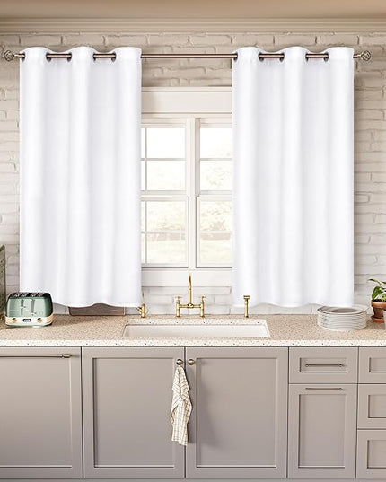 BGment White Curtains 45 Inches Length for Kitchen Window - Grommet Short Window Treatment Drapes Privacy for Bathroom Cafe Bathroom Home Decor, 2 Panels, Pure White, 38 x 45 Inch
