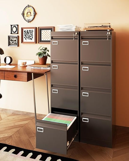 4 Drawer Metal File Cabinet with Lock, Black Lockable Filing Cabinets, Vertical Small File Cabinet with Key, Under Desk Filing Cabinets for Home Office