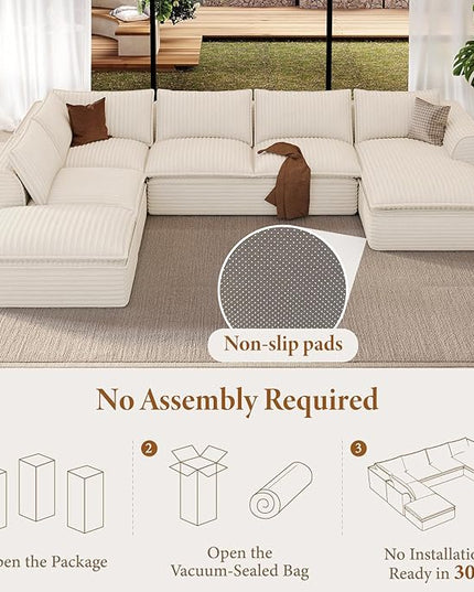 Vesgantti 141.7" Oversized Sectional Boneless Couch, Modern 7 Seater Modular Sofa with Chaise, Deep Seat Convertible Plush Corduroy Cloud Couches for Living Room, No Assembly Required, Beige