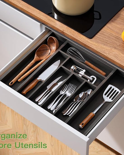 Pipishell Bamboo Expandable Drawer Organizer for Utensils Holder, Adjustable Cutlery Tray, Wood Drawer Dividers Organizer for Silverware, Flatware, Knives in Kitchen, Bedroom, Living Room (Black)