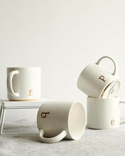 COLLECTIVE HOME - Monogram Ceramic Mugs, 15 oz Golden Initial Coffee Cups, Elegant Alphabet Tea Mugs, Elegant Personalized Mug with Gift Box, Luxurious Cups for Office and Home (r)