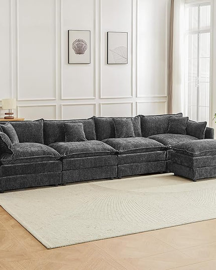 Modular Sectional Sofa, 147.2 Inch L Shaped Couch Set with Armrests, 4-Seater Comfy Cloud Couches with Movable Ottoman for Living Room Apartment, Grey