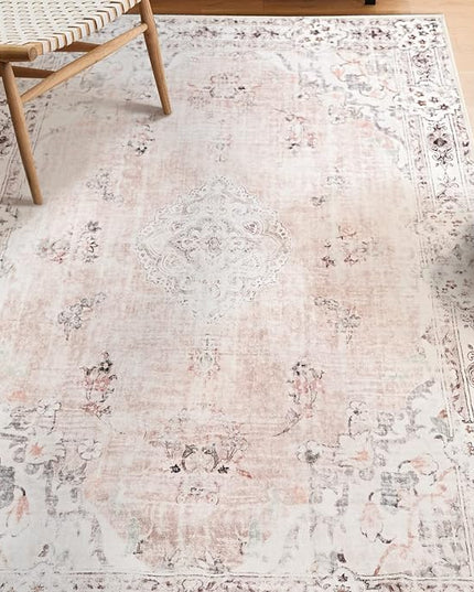 MUJOO Boho Area Rug 3'x5' Machine Washable, Pink Small Non Slip Area Rugs for Entryway Bedroom Bedside Kitchen Hallway Living Room Laundry Room Indoor Mat Soft Low-Pile Floral.