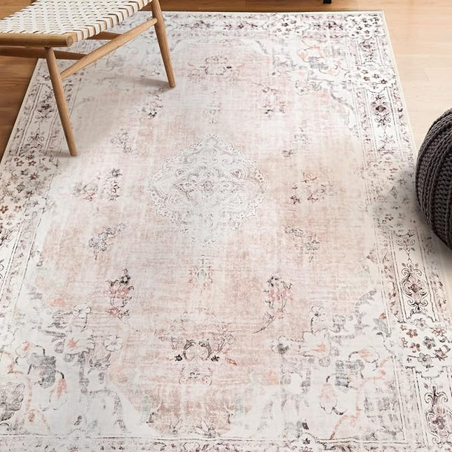 MUJOO Boho Area Rug 3'x5' Machine Washable, Pink Small Non Slip Area Rugs for Entryway Bedroom Bedside Kitchen Hallway Living Room Laundry Room Indoor Mat Soft Low-Pile Floral.