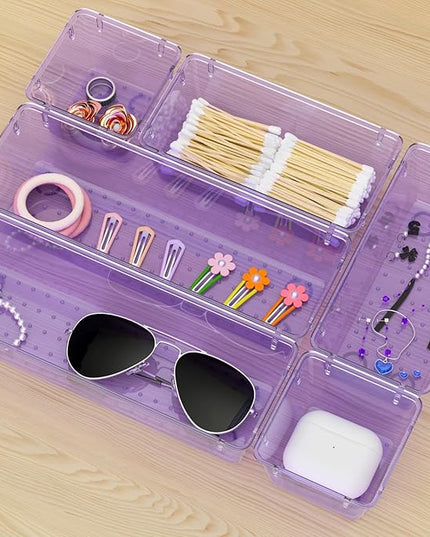 WOWBOX 9 Pack Clear Drawer Organizer Set, Acrylic Drawer Storage Trays, Storage Bins for Makeup, Cosmetics, Jewelries, Utensils, Gadgets, Office, Purple